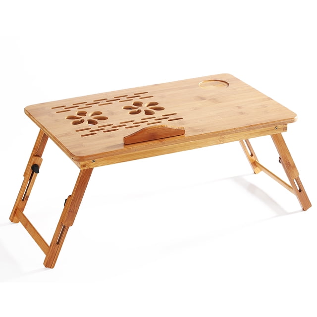 Graflsoa Adjustable Bamboo Laptop Desk with Drawer, Foldable Bed Table for Lazy Use, Medium Size, 4-Level Height Adjustment, Natural Finish