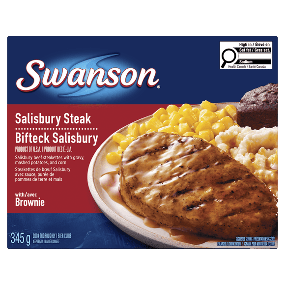 Swanson Salisbury Steak Frozen Dinner, Salisbury Beef Steakettes with Gravy, Mashed Potatoes, Corn with a Brownie, Salisbury Steak Frozen Meal, 345 g
