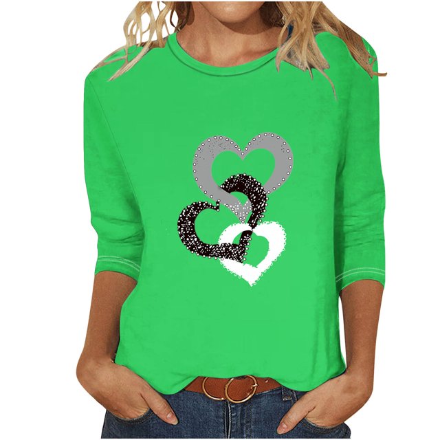 FAIWAD 3/4 Sleeve Heart Pint Tops for Womens Round Neck Loose Lightweight Trendy Tunic Tops