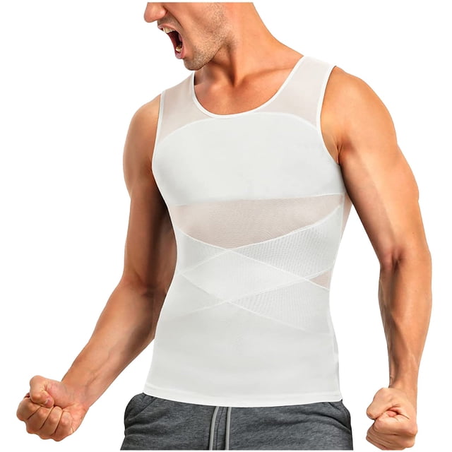 Besolor Men's Compression Shirts Slimming Body Shaper Vest Sleeveless Undershirt Tank Tops Shapewear in white. The sleeveless design features a snug fit with crisscross mesh panels for added support and breathability. Made of lightweight, stretchy polyester fabric, it is designed for comfort and slimming. Suitable for casual wear, workouts, or layering under clothing.