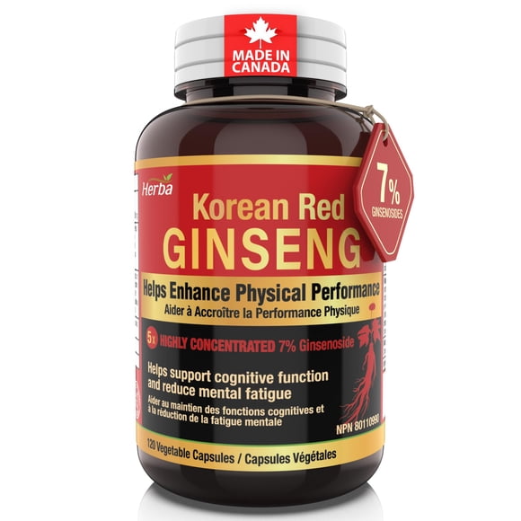 Herba Extrait de Ginseng Rouge Coréen – 120 Capsules Végétales / 500 Mg - Extrait 5:1 – Équivalent 2500 Mg / Fabriqué au Canada
