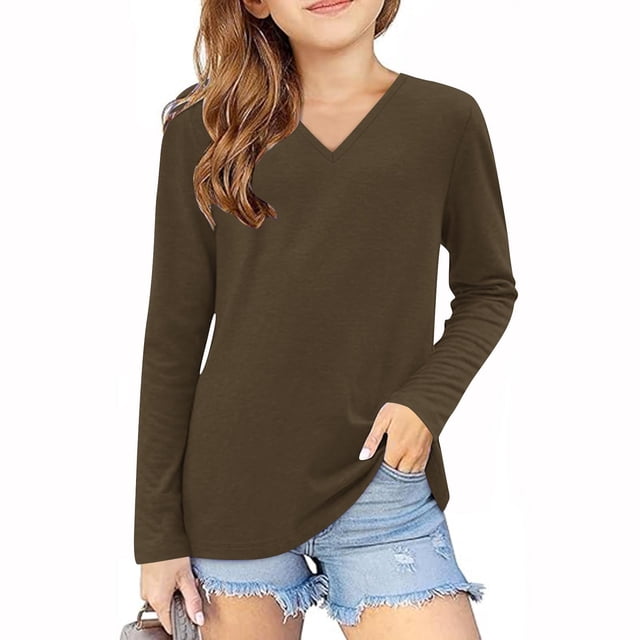 vdgthytj Toddler Boys Girls Long Sleeve T-Shirts Kids V Neck Solid Color Color Basic Tops Fall Spring Outfit Blouse