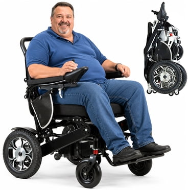 High Capacity Durable Light Electric Wheelchair (Holds 160 kg), Comfortable Smooth Riding On All Terrain, Folding Footrest, Detachable Joystick, Black