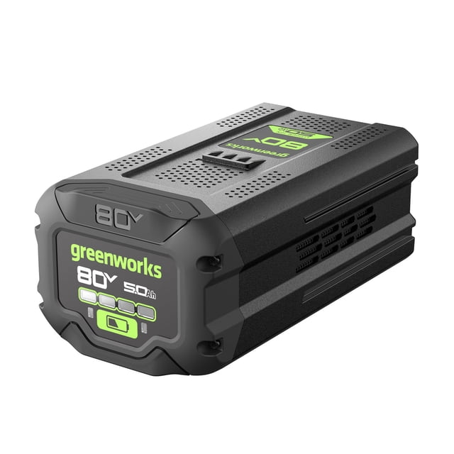 Greenworks Batterie Lithium-ion 80V Gen II 5,0 Ah avec Boîtier Noir durable et accents Verts, Conçue pour les Outils Greenworks Pro 80 V. Comprend un Indicateur de Carburant à DEL pour Surveiller les Niveaux de Puissance, Se Recharge Entièrement en 150 minutes et Offre une Alimentation Sans Décoloration Sans Perte de Mémoire. Compatible avec le Modèle de Chargeur 80 V GCH8040 et Plus de 75 Outils Greenworks.