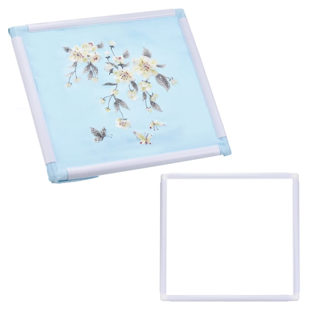 Unique Bargains Embroidery Hoops Frame Reusable Square Rectangle Plastic Clip Frame Embroidery Hoop for Art Craft Sewing (17 x 17 Inch). The image features a white square PVC embroidery hoop, with one view showcasing a floral embroidery design on light blue fabric held securely in the frame. This durable and reusable hoop is ideal for cross-stitch, needlepoint, and other needlework projects, offering a lightweight and elegant Nordic-inspired design.