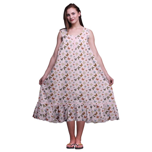 Bimba Rose Cochon2 Papillons Colorés Imprimés Chemises de Nuit en Coton pour Femmes Robe Sans Manches Tenue de Nuit Robe Maxi XXX-Large