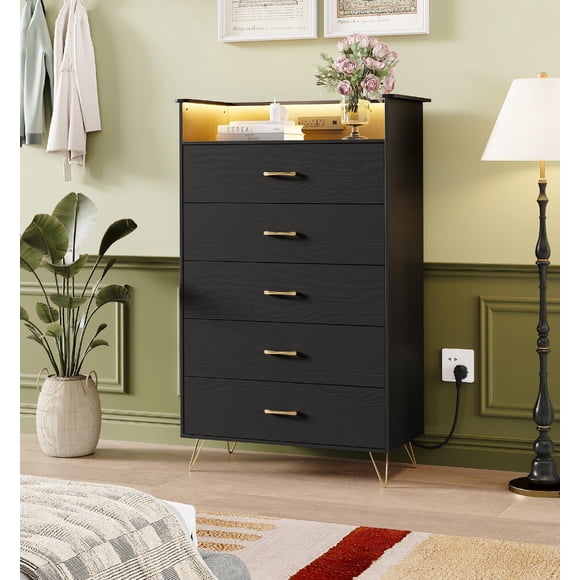 Modern 5-Drawer Tall Dresser for Bedroom, Wood Chest of Drawers with Silent Closing Slides, Water-Resistant White Storage Organizer for Hallway, Closet