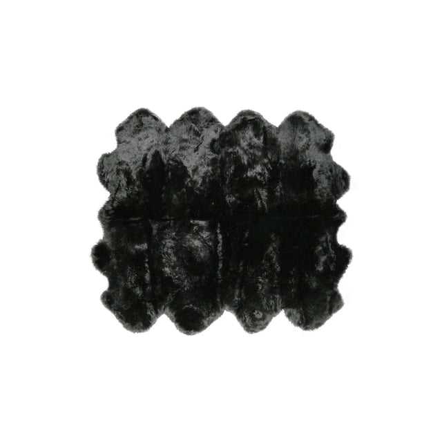 NEW ZEALAND SHEEPSKIN OCTO RUG 7' X 6' in black, a plush natural sheepskin area rug with dense, glossy fur and an irregular octagonal shape, featuring a soft micro suede anti-skid backing for indoor use, ideal for adding warmth and texture to entryways or living rooms.
