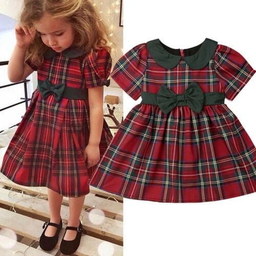 Bébé bébé Filles Noël Plaids Bowknot Princesse Robe à Manches Courtes Parti Robes de Noël