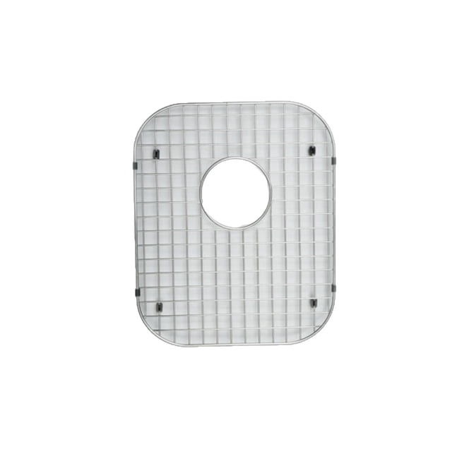 American Imaginations 15.63-in. W Kitchen Sink Grid AI-34761, a chrome stainless steel rectangular grid with rounded corners and a central circular cutout for drain access, designed for drop-in installation to protect sink surfaces and aid drainage, also suitable for organizing drying dishes.