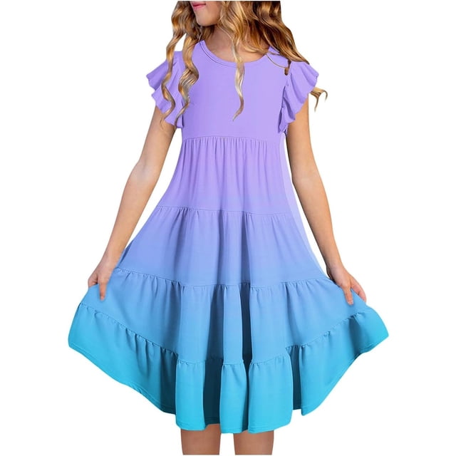 Robes d'Été pour Filles à Double Couche, Manches Volantées, Robe Fluide Évasée, Robe Midi Décontractée à Dégradé