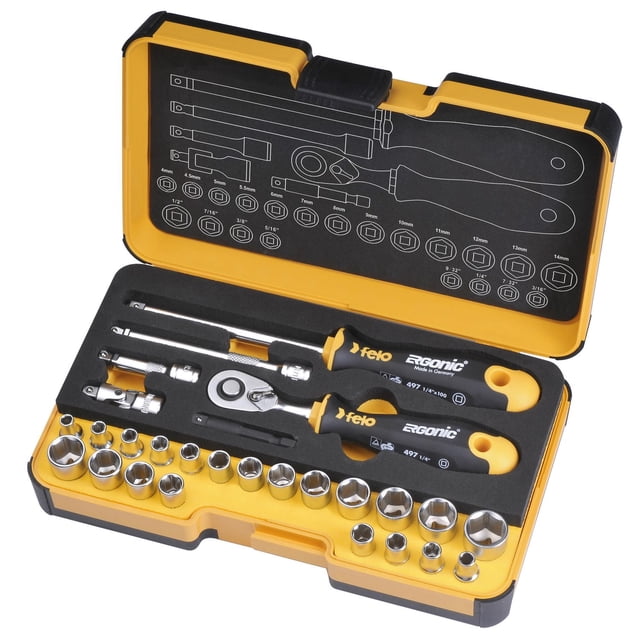 Felo R-GO ¼" Ergonic Ratchet - Stubby - Multi-Tools set 27 Pcs Imperial/Metric in a yellow and black StrongBox case, including two Ergonic ratchet handles with black and yellow grips, a ¼ inch ratchet and stubby ratchet, chrome sockets in metric and imperial sizes, extensions, adapters, and a universal joint, all organized in foam cutouts with socket size diagrams inside the lid, ideal for detailed mechanical and DIY work.