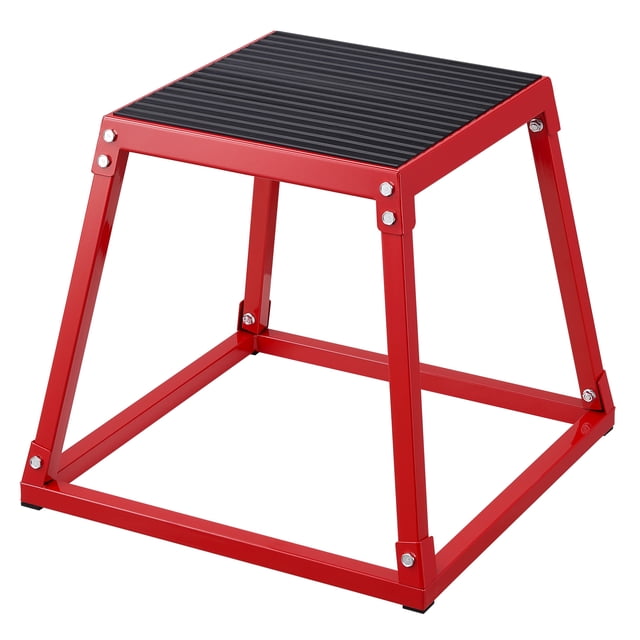 VEVOR Plyometric Jump Box, 18 Inch Plyo Box — centered front-facing red steel plyometric platform with trapezoidal profile, textured silicone top for grip, four rubber pads under base, powder-coated tubing finish, dimensions 20.2 x 20.2 x 18 inches (513 x 513 x 458 mm), 500-pound capacity; suitable for plyometric training, box jumps, step-ups and often used as an occasional stool.