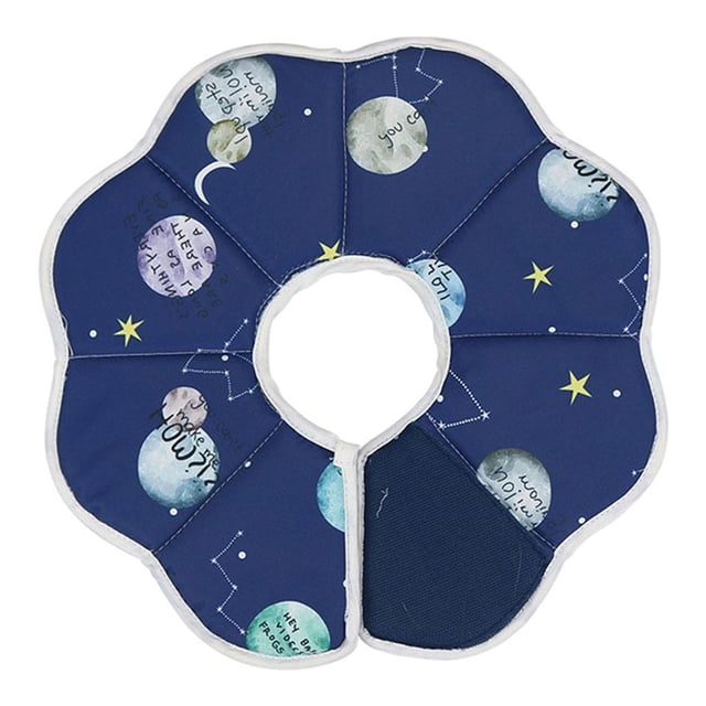 Xuanheng Cat Collar Prevent Biting & Scratching Waterproof Soft Constellation S. A blue pet recovery collar with constellation and moon patterns, designed to protect cats and dogs from scratching, licking, or biting. Made of waterproof fabric, it is adjustable, comfortable, and suitable for post-surgery recovery or injury protection. Fits neck circumferences of 16-23cm (6.30-9.06 inches) with a depth of 10cm (3.94 inches). Ideal for pet recovery and injury prevention.