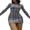 thumbnail image 1 of Women Casual Bodycon Dress Contrast Color Crew Neck Long Flare Sleeve Ribbed One-Piece Dress, 1 of 3