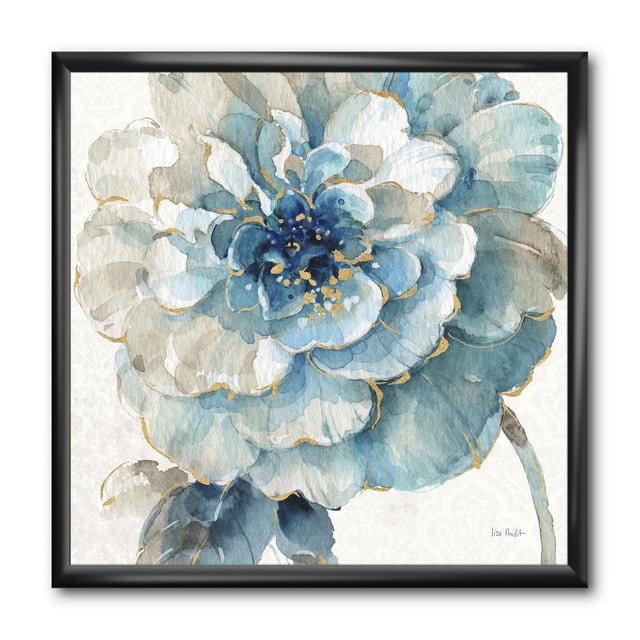 Designart Indigold Gold Country FLower Framed Wall Art with a front-facing watercolor floral print in blue and beige shades accented with gold, printed on fade-resistant cotton canvas and mounted in a 1.5-inch black frame, includes hanging kit for wall display.