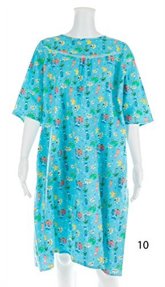 Women's Adaptive Flannel Backwrap Gown (Large, Fun Prints with Blue Background - 10)