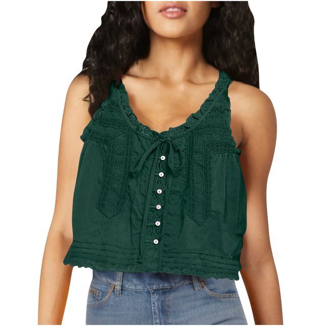 Timegard Tank Top for Women Lace U Neck Drawstring Sleeveless Ruched Button Summer Fashion Casual Tee