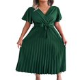 thumbnail image 1 of Women Casual Long Dress V Neck Short Sleeve Pleated Dress with Belt, 1 of 7