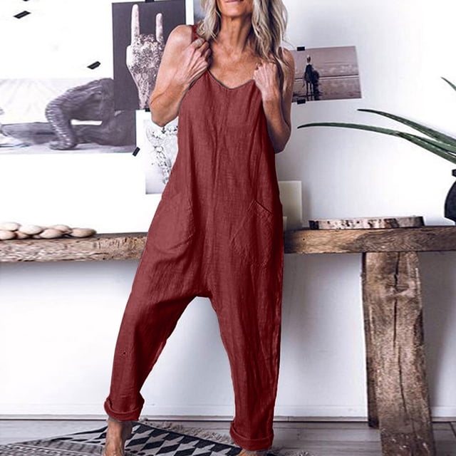 zanvin Pantalon pour Femmes, Combinaison Décontractée Ample et en Vrac avec Poches pour Femmes Grande Taille, Combinaison Mode, Pantalon Salopette en Coton et Lin, Combinaison Ample Décontractée