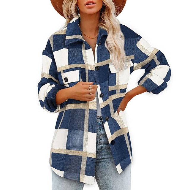 EGNMCR Womens Plaid Shacket Jacket Button Long Sleeve Shirt Coat Fall Winter Loose Flannel Jacket