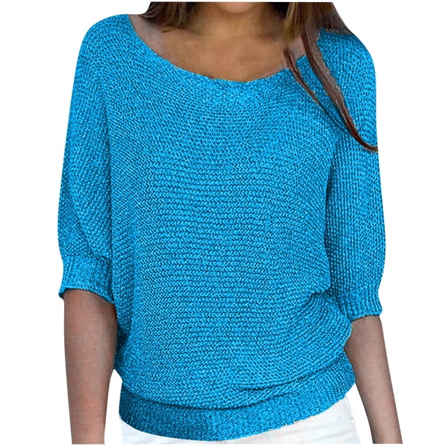 Yuyuzo Chandail à Encolure Dégagée pour Femmes Manches 3/4 Mode Hauts en Tricot Amples Couleur Unie Chandail Décontracté Hauts