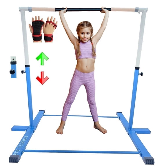 Gymnastics Bar Pro Horizontal Kip Bar Expandable Height 3 to 5 FT with Gymnastic Gloves Set, Premium Jungle Gym Home Gym Pull Up Kids Gymnasts Junior Training Bar, Monkey Bar Playground, BLUE