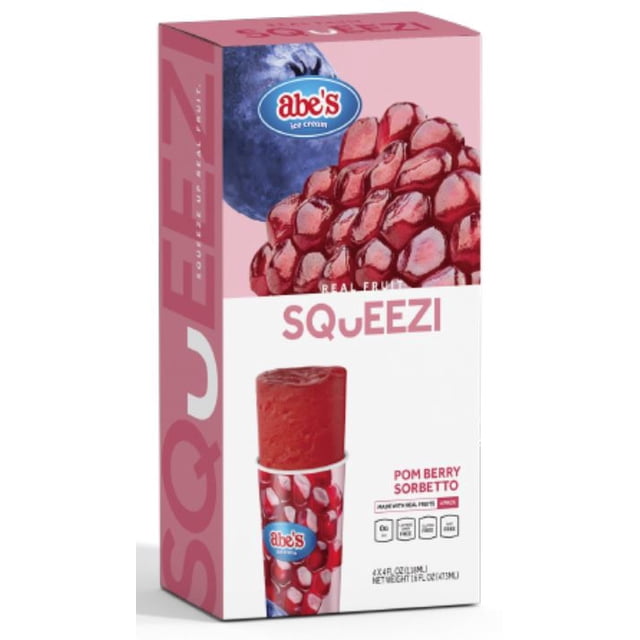 Abe's Squeezi Real Fruit Pomberry 4pk 113g box showing pomegranate seeds and a blueberry on the packaging, with one red pom berry sorbetto ice pop in a patterned sleeve, highlighting frozen fruit bars made with real fruit in a 4-pack.