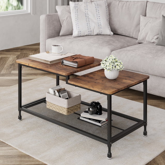 Industrial 2-Tier Coffee Table for Living Room - Rustic Brown ...