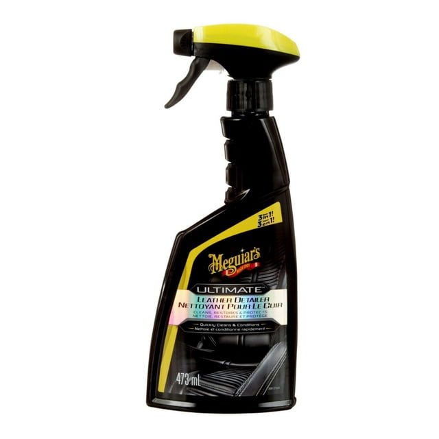 Meguiar’s® Ultimate Leather Detailer G201316C black spray bottle with yellow trigger, 473 ml, designed for automotive leather cleaning, conditioning, and protection using a 3-in-1 formula that removes dirt, restores natural appearance, and leaves a satin finish without residue.