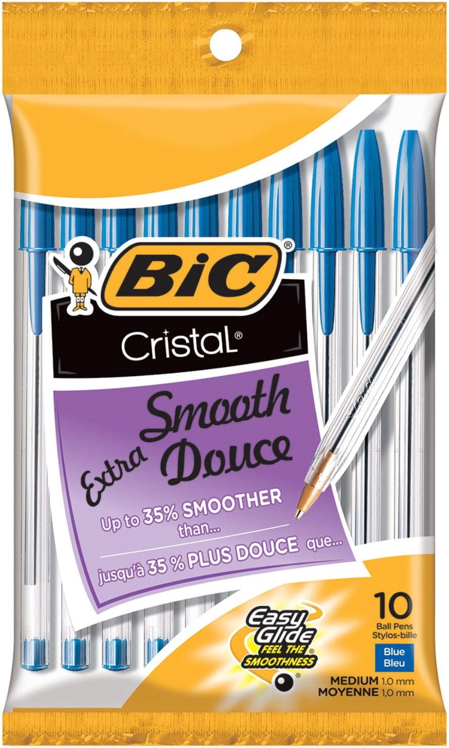 BIC Cristal Extra Smooth Ballpoint Pens, Medium Point (1.0 mm), Assorted Colours, 10-Count Pack, Extra Smooth and Reliable Ballpoint Pens