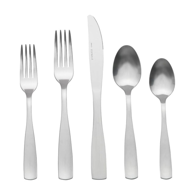 Mainstays 20 Piece Elisa Stainless Steel Flatware Set, service for 4, showing five pieces: dinner fork, salad fork, dinner knife, dinner spoon, and teaspoon with a brilliant silver finish and ergonomic handles, arranged in a row on a white background, ideal for casual dining and outdoor use.