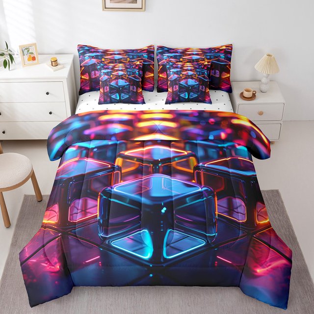 YST 3D Square Quilt with Flat Fitted Sheet Geometric Blocks Bed In A Bag 7 Piece King Neon Light Triangle Comforter Set Modern Urban Style Bedding Sets