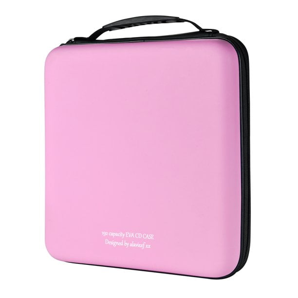 CD Case, 192 Capacity EVA DVD Case in pink with a portable zipper design. The case is made of durable EVA material with a protective zipper closure to secure CDs and DVDs. It features a compact size of 12.5x11x3.1 inches, suitable for organizing and storing up to 192 discs. The case includes PP film and spunlace non-woven fabric sleeves to protect discs from dust, scratches, and moisture. Designed for easy use and portability, it has a sturdy handle for convenient carrying.