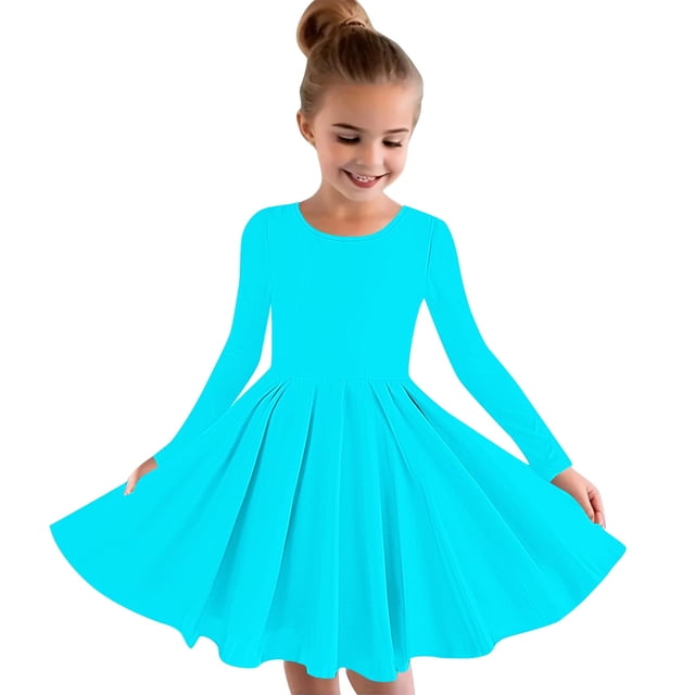 MeetoTime Robe de Performance pour Filles à Manches Longues, Couleur Unie, Col Rond, Extensible, Robe de Récital Scolaire, 4-14 Ans, Vêtements pour Enfants