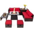 thumbnail image 1 of Patiojoy 9 Pieces Outdoor Patio Furniture Set with 35-Inch Propane Fire Pit Table Outdoor PE Wicker Space-Saving Sectional Sofa Set with Storage Box and Cushions Red, 1 of 10