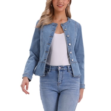 INSPIRE CHIC Women's Collarless Peplum Hem Denim Jacket Button Down Long Sleeve Jean Jacket Light Blue M