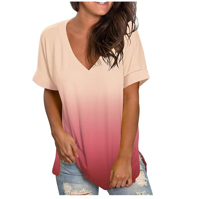 Pompotops T-shirt Décontracté à Manches Courtes et Col en V Imprimé Dégradé pour Femmes