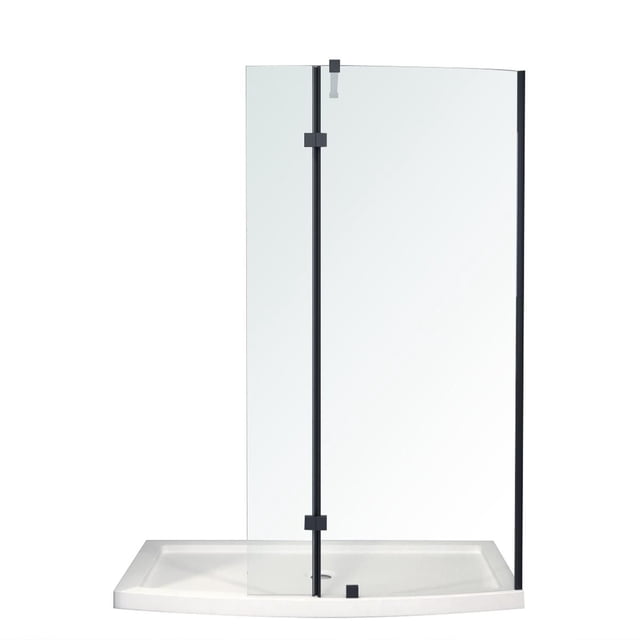 A&E Bath and Shower HALIM-60-BLK shower with corner walk-in design, clear 8mm glass swing door and return panel framed in black matte finish. Includes white acrylic base reinforced with fiberglass, 2.5-inch low threshold with polished chrome finish, and center drain, ideal for bathroom renovations.