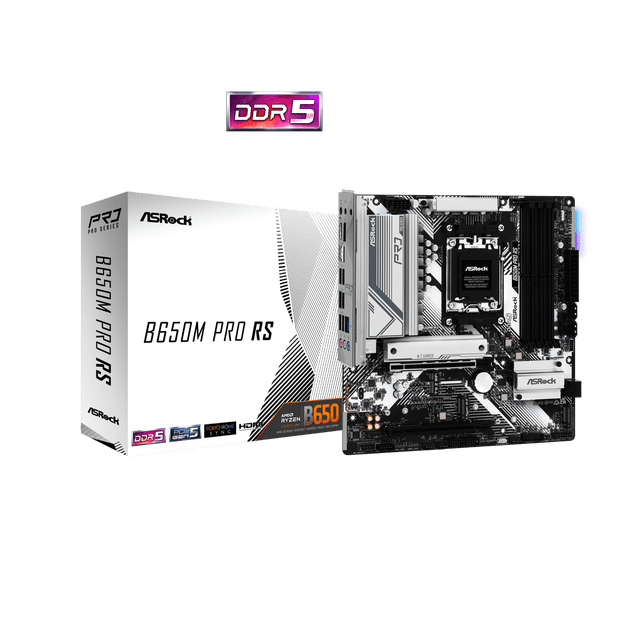 ASRock B650M PRO RS AM5 AMD B650 SATA 6Gb/s Micro ATX Motherboard compact front view of the Micro ATX PCB with AM5 CPU socket, four DDR5 memory slots supporting DDR5 6000+ (OC), multiple SATA 6Gb/s ports, a reinforced PCIe slot and ASRock silkscreen. Suitable for compact gaming or Ryzen 7000 series workstation builds.