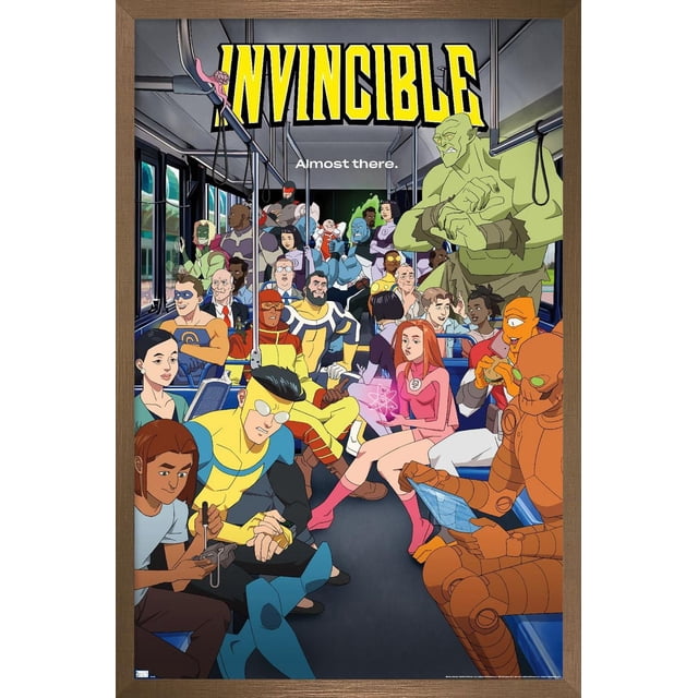 Invincible: Season 2 - Bus One Sheet Wall Poster, 22.375" x 34", depicting a front-facing view inside a bus filled with diverse animated superheroes in colorful costumes, including a large green muscular figure standing and an orange robotic character seated reading a tablet, printed on glossy poster paper by Trends International, suitable for vibrant home décor and wall art.