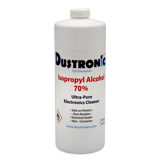 Nettoyant Alcool Isopropylique Ultra Pur Mélange 70/30, 1 L par Dustronics, Présenté dans une Bouteille Blanche avec Texte Rouge et Bleu Audacieux. Caractéristiques Incluant Qualité Technique, Sans Danger pour les Plastiques, Zéro Résidu, Non Corrosif et Sans Danger pour l'Ozone. Convient au Nettoyage de l'Électronique, Y Compris les Tourne-Disques, les Platines et les Fournitures de Nettoyage pour Disques.
