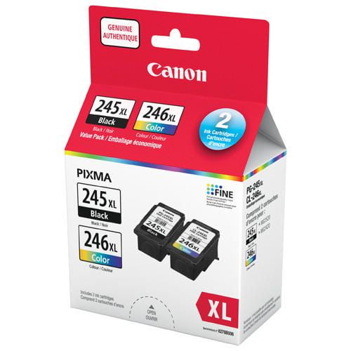 CANON PG245XL/CL246XL Combo Ink Cartridge front-facing pack with two cartridges: PG-245XL Pigment Black and CL-246XL Colour XL ink tanks, compatible with PIXMA MG2920, MG2520 and MG2420, notes FINE nozzle technology; often kept as a spare for home-office printing.