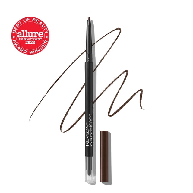 Revlon ColorStay Micro™ Hyper Precision Gel Eyeliner in dark brown with a 1.5mm micro gel tip, cap removed, showing a smooth eyeliner stroke and built-in rounded sponge smudger on the opposite end, accompanied by an Allure Best of Beauty 2023 award badge.