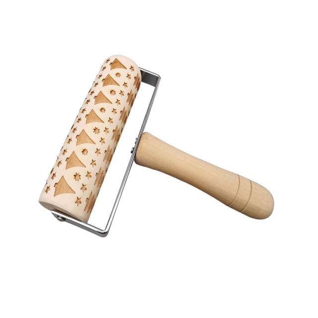 Feltree Wooden Christmas Embossed Pattern Rolling Pin Engraved Pizza Baking Rolling Pin Christmas Baking Non-stick Christmas Pattern