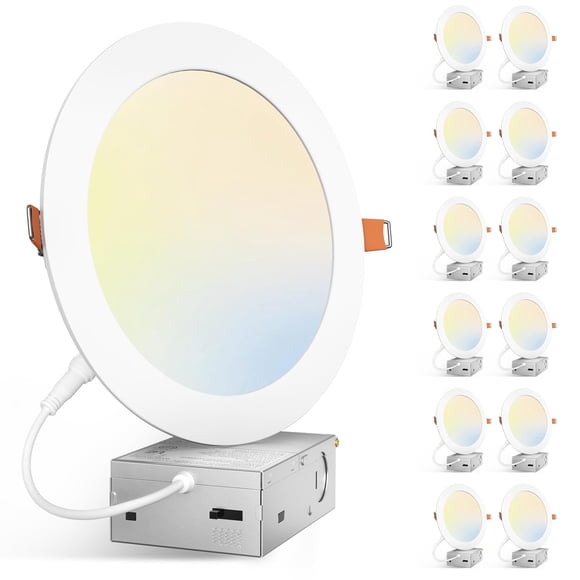 Amico Lot de 12 Lumières de Plafond Encastrées Ultra-Minces LED Sans Canettes 7 Pouces 5CCT avec Boîte de Jonction 2700K/3000K/3500K/4000K/5000K Sélectionnable 15W100W 1300LM Haute Intensité Dimmable Downlight-ETL&FCC