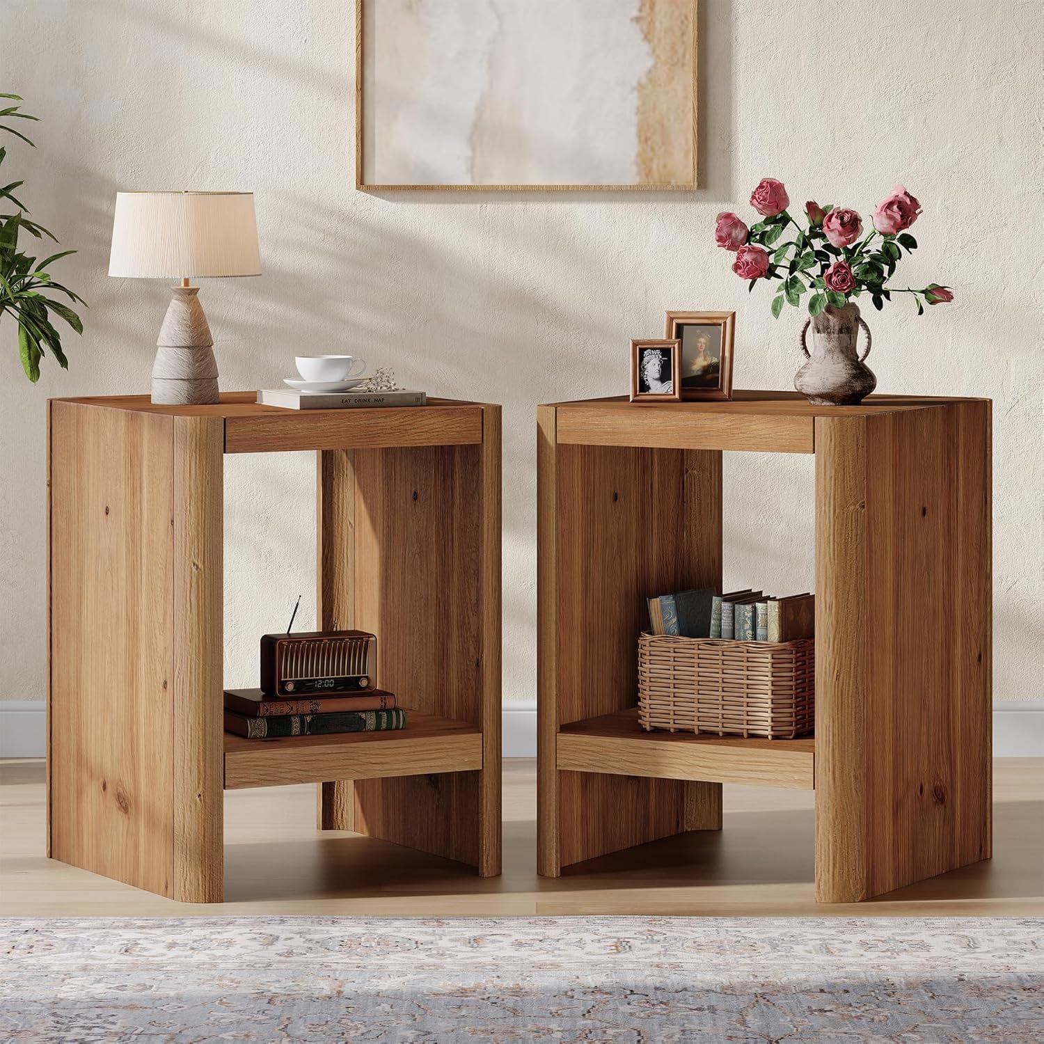 TRIBEWOOD Solid Wood End Table, 2-Tier Small Side Table with Open Storage Shelf, Rustic Nightstand for Living Room, Bedroom, Small Spaces(2, Brown)