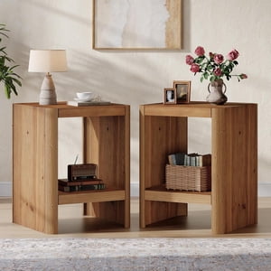 TRIBEWOOD Solid Wood End Table, 2-Tier Small Side Table with Open Storage Shelf, Rustic Nightstand for Living Room, Bedroom, Small Spaces(2, Brown)