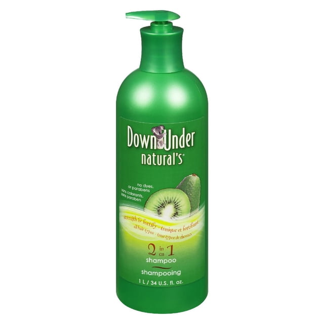 Down Under Strength & Fortify 2 en 1 de Natural Shampoing en Bouteille à Pompe Verte de 1 L avec images de kiwi et d'Avocat, Formulé Sans Colorants Ni Parabènes, Enrichi de Vitamines et d'Aloès pour le Nettoyage, le Conditionnement et la protection UV pour Tous les types de Cheveux.