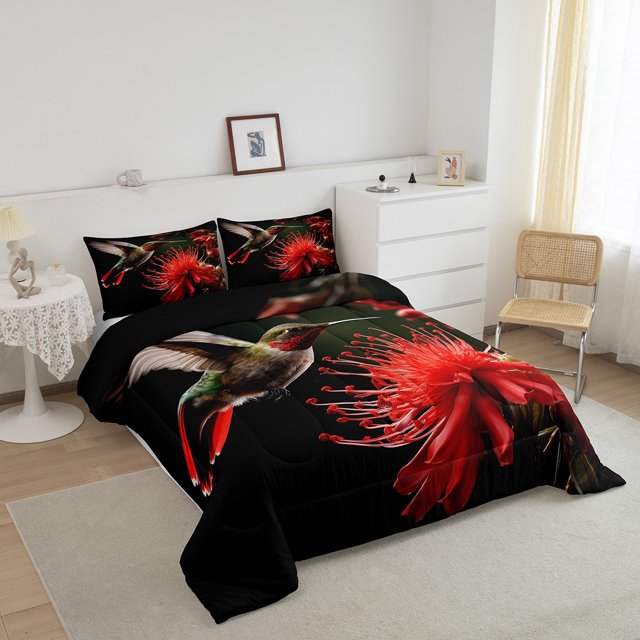 YST Bird Comforter Set Sparrow Bedding Floral Decor Red Flowers Bedding Comforter Sets Full with 2 Pillowcases